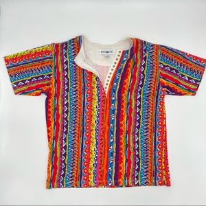 Vintage WHITE STAG Vibrant Striped T-Shirt‎ Buttons 90s 1990s Fresh Prince Funky